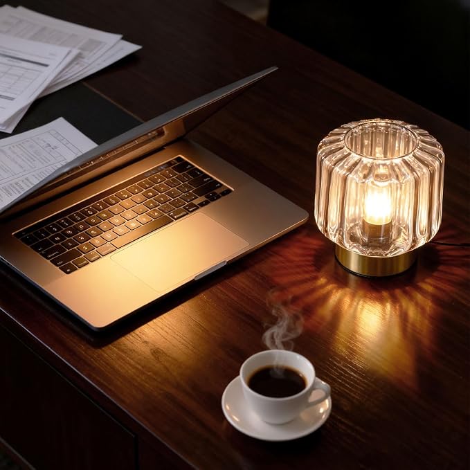Mid Century Modern Table lamp Small Table Lamps with Touch Switch Amber Glass Table lamp Gold Desk lamp nightstand lamp Bedside Table Lamps for Bedroom Living Room Office