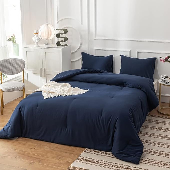Pureant Navy Blue Comforter Queen Set Dark Blue Bedding Comforter Set Solid Color Blanket Quilts Men Women Cotton Blue Queen Size Bedding Breathable Soft Navy Blue Comforter with 2 Pillowcases