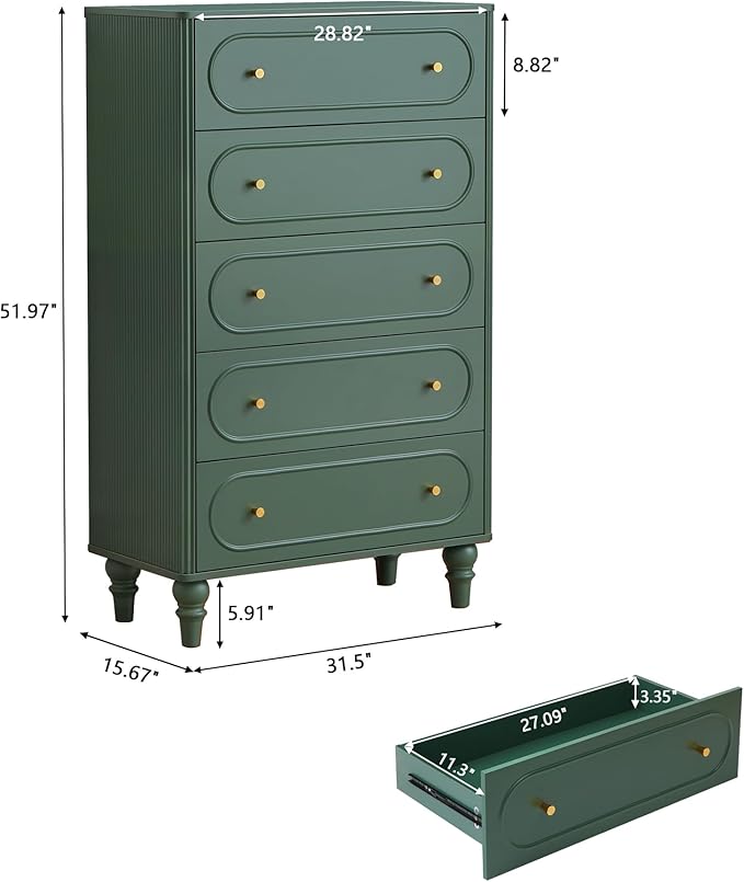 ORRD Fluted 5 Drawer Dresser for Bedroom, Mid Century Modern Chest of Drawers, Wood Storage Large Dresser Organizer for Bedroom Living Room Hallway Closet, Green
