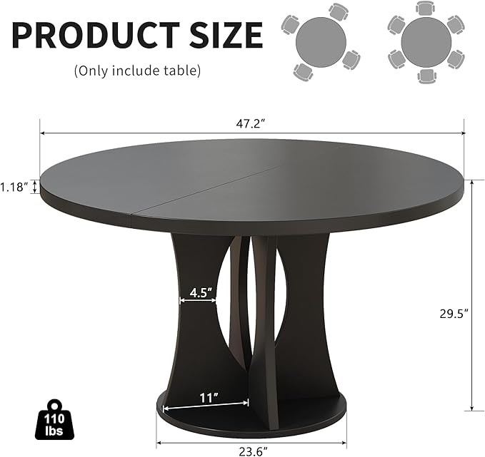 iPormis 47 Inch Round Dining Table for 4-6 People, Wooden Dining Room Table with Pedestal Base, Modern Kitchen Table for Small Spaces, Black, Table Only