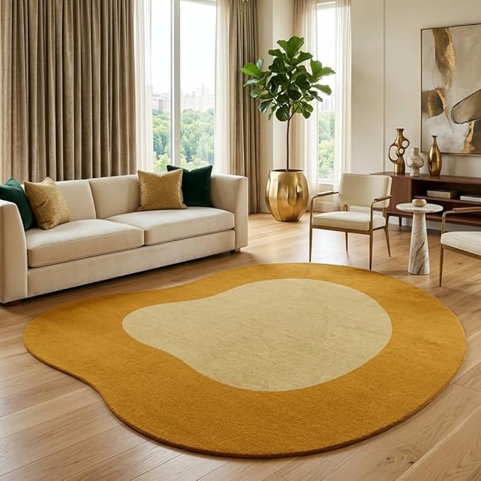 Mustard Yellow Beige Modern Abstract Irregular Area Rug 2ft Unique Design Irregular Shaped Rugs for Living Room Bedroom Playroom Pet Friendly Carpet Boho Under Dining Table Non Slip Easy Clean Mats