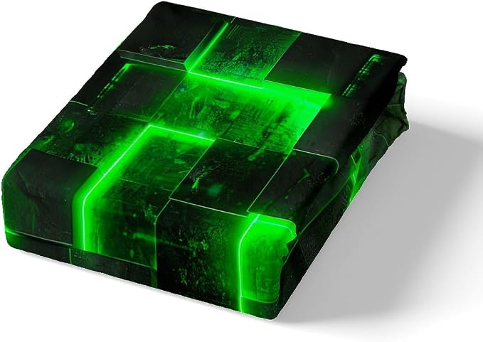 Erosebridal Black and Green Duvet Cover King Modern Abstract King Bedding Set, 3D Glowing Plaid Comforter Cover Gradient Grid Bed Set, Neon Square Bedding 3 Piece (Black Reversible)