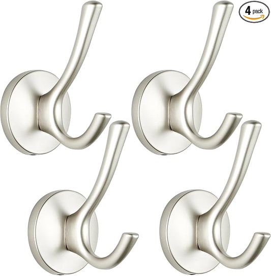 Matte Silver Towel Hooks 4 Pack, Heavy Duty Zinc Alloy Double Prong Coat Robe Hooks, Wall Mounted Towel Hooks for Bathroom, Kitchen, Closet, Garage, Entryway (195silver)