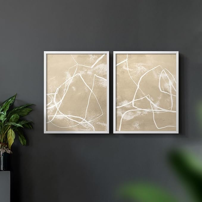 Renditions Gallery Set of 2 Peel & Stick Framed Prints, Neutral Abstract Wall Art, Beige Line Art Pattern Wall Decor, Re-Stickable - Ready to Hang - 11"x14" - White Frame LT588