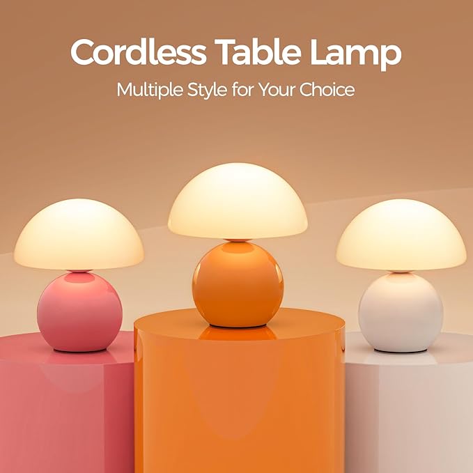 NIORSUN Mushroom Lamp Table Lamp for Bedroom, Portables Cordless Table Lamps Set of 2,Wireless lamp,Bedside Tables Touch for Living Room,Mini Mushroom 5200mAh Battery Operated Lamps Modern Orange