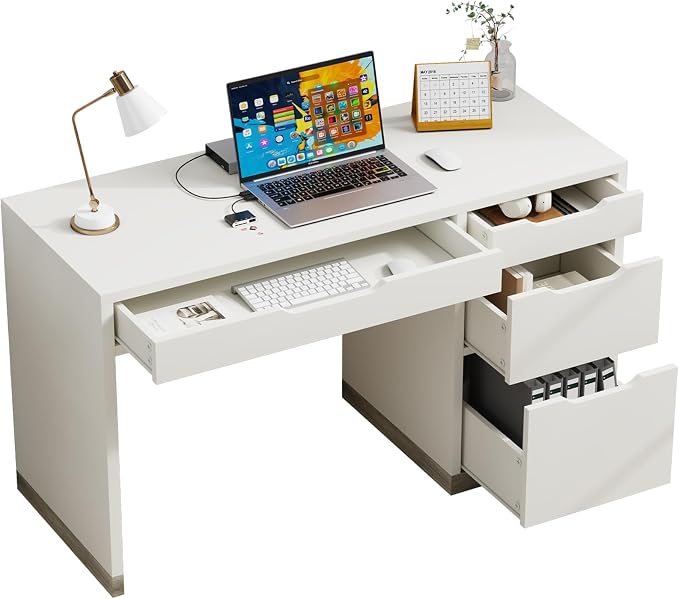 MaverickFurni 52 Inch White Desk with 4 Drawers, Computer Desk with Storage for Small Spaces with Storage File Drawer, Small Home Office Desk with Drawers for Bedroom
