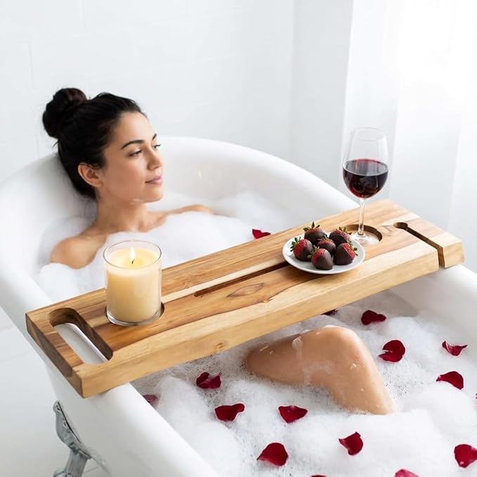 EcoDecors Eleganto 30" Live Edge Solid Teak Bath Caddy Tray with Handle, Book & Tablet Holder, Wine Glass Holders, Luxury Bathtub Tray