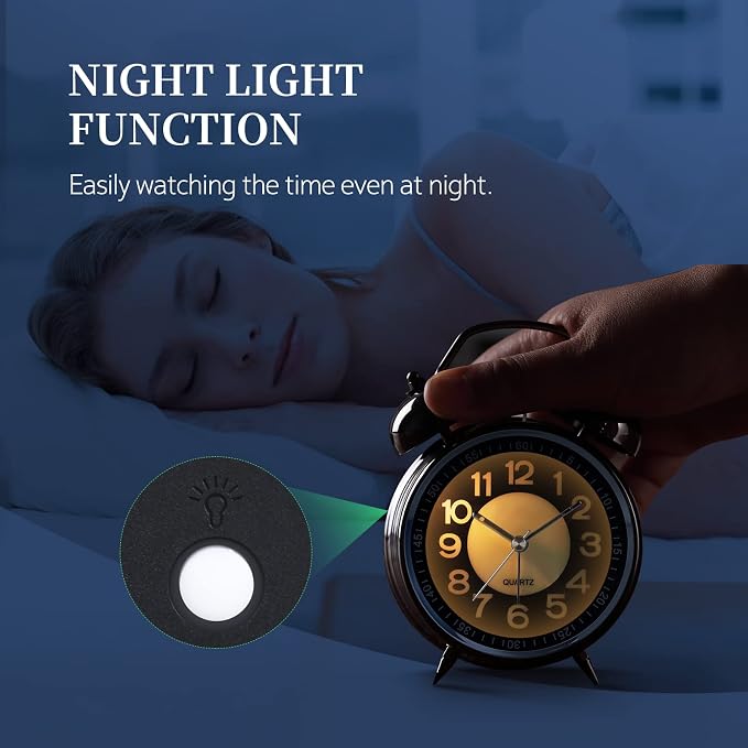 Tetino Super Loud Alarm Clock for Heavy Sleepers,4 inches Twin Bell Alarm Clock with Backlight,Battery Operated,Silent Non Ticking,for Kids,Adults,Bedrooms,Retro Decor Desk Analog Clocks. (Golden)