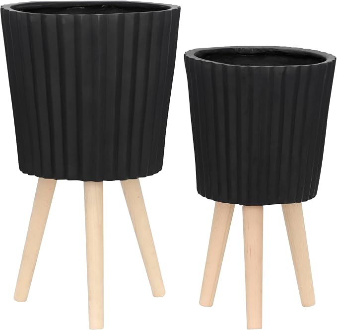 Set of 2 Resin & Magnesia Planter Set with Wood Stands – Plant Stand Indoor Outdoor, Living Room or Patio – Modern Raised Design, Accent Planters for Stylish Spaces, Home Decor – 12" & 10", Black