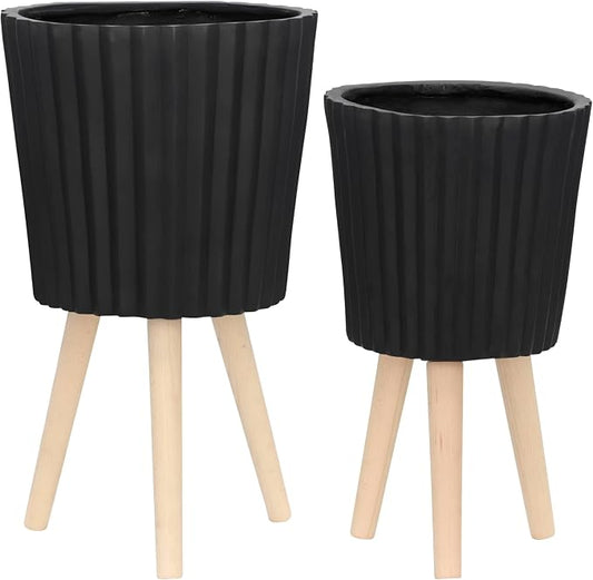 Set of 2 Resin & Magnesia Planter Set with Wood Stands – Plant Stand Indoor Outdoor, Living Room or Patio – Modern Raised Design, Accent Planters for Stylish Spaces, Home Decor – 12" & 10", Black