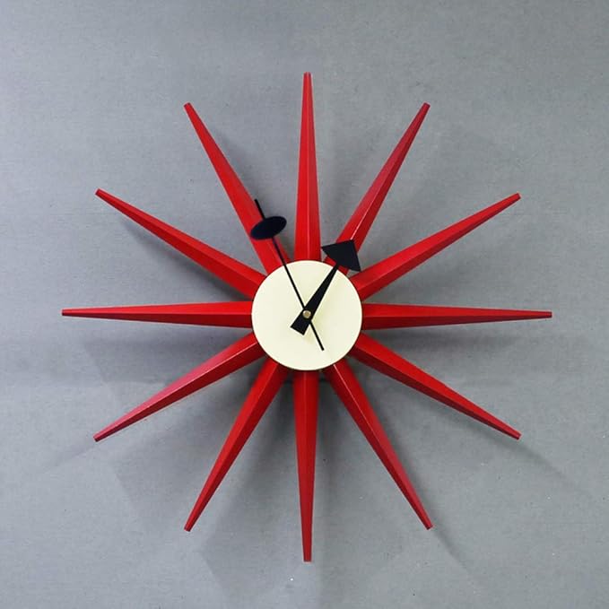 SHISEDECO Modern Sunburst Clock in Red Color, Non Ticking Wooden Mid Century Retro Design Decorative Silent Wall Quartz Clocks for Home, Living Room, Office and Bedroom etc.