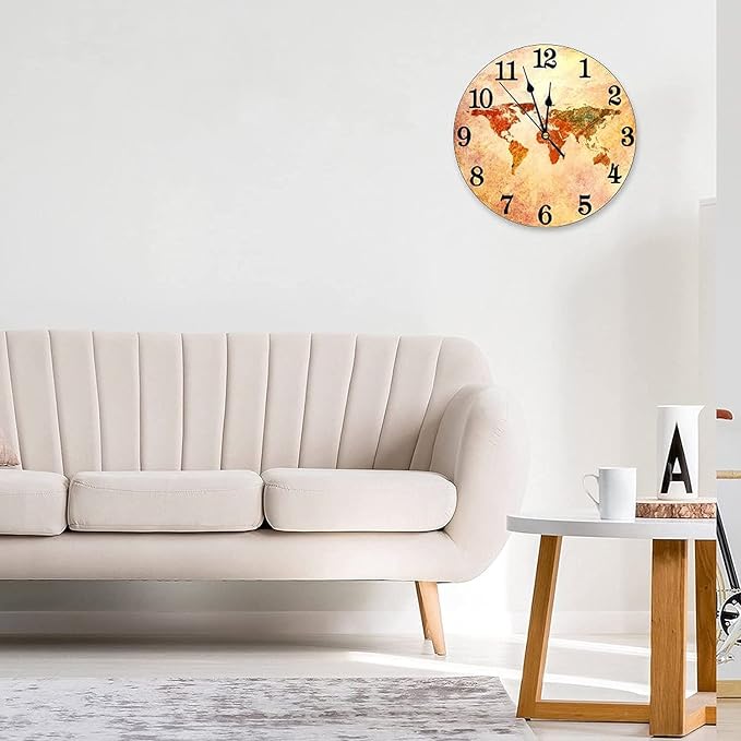 World Map Wall Clock Battery Operated Silent Round Clock Retro Style Wall Decor for Home Office School, 12 Inch