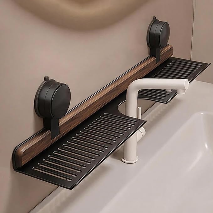 Walnut Bathroom Suction Cup Shelf - Wall Mounted Sink Shelf Over Faucet for Bathroom & Kitchen, Removable Suction Cup Sink Over Faucet Organizer, Floating Storage Countertop Shelves (Black_60CM)