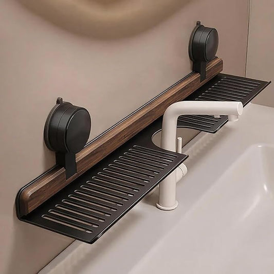 Walnut Bathroom Suction Cup Shelf - Wall Mounted Sink Shelf Over Faucet for Bathroom & Kitchen, Removable Suction Cup Sink Over Faucet Organizer, Floating Storage Countertop Shelves (Black_60CM)