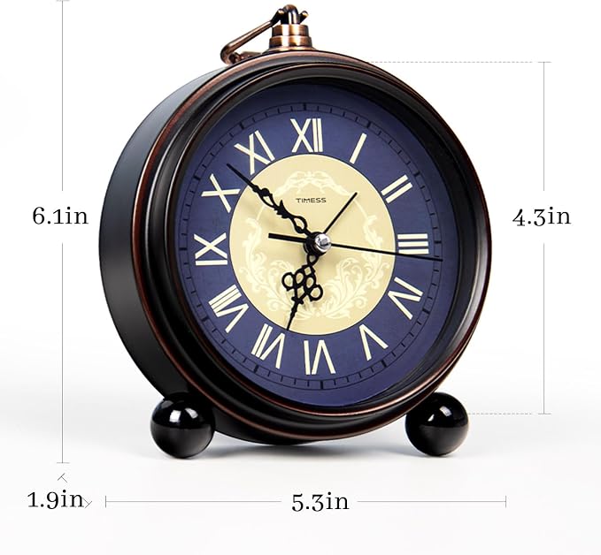 TIMESS Vintage Analog Alarm Clock, 4.3" Silent Non-Ticking Quartz Desk Clock with Roman Numerals, Battery Operated Table Clock for Bedroom, Living Room, Office, or Gift (Blue)