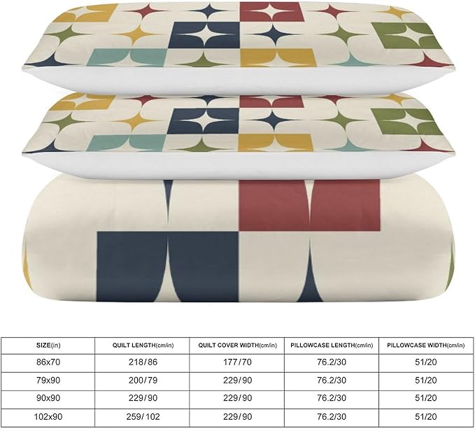 Mid Century Duvet Cover Sets Aesthetic Abstract Geometric Mid Century Retro Printed Lightweight Soft Quilt Cover Minimalist Soft Microfiber 3 Piece (1 Duvet Cover 68x86in + 2 Pillow Sham 20x30in)