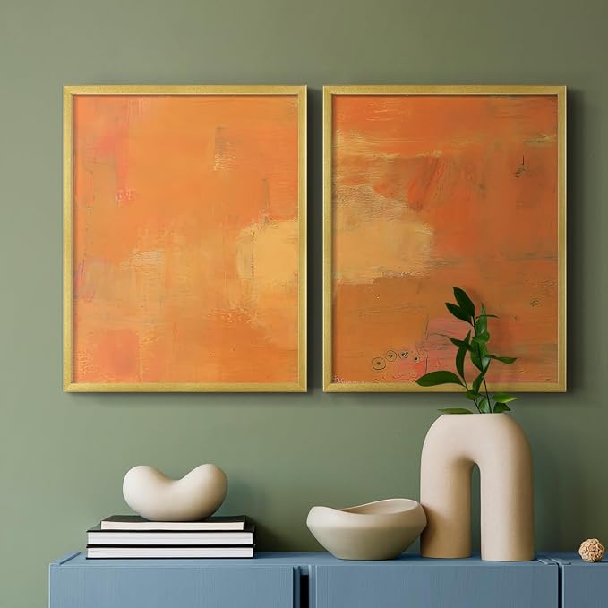 Renditions Gallery Set of 2 Peel & Stick Framed Prints, Abstract Wall Art, Rustic Fain Marking with Brush Strokes Wall Decor, Re-Stickable - Ready to Hang - 16"x20" - GOLD Frame LT588