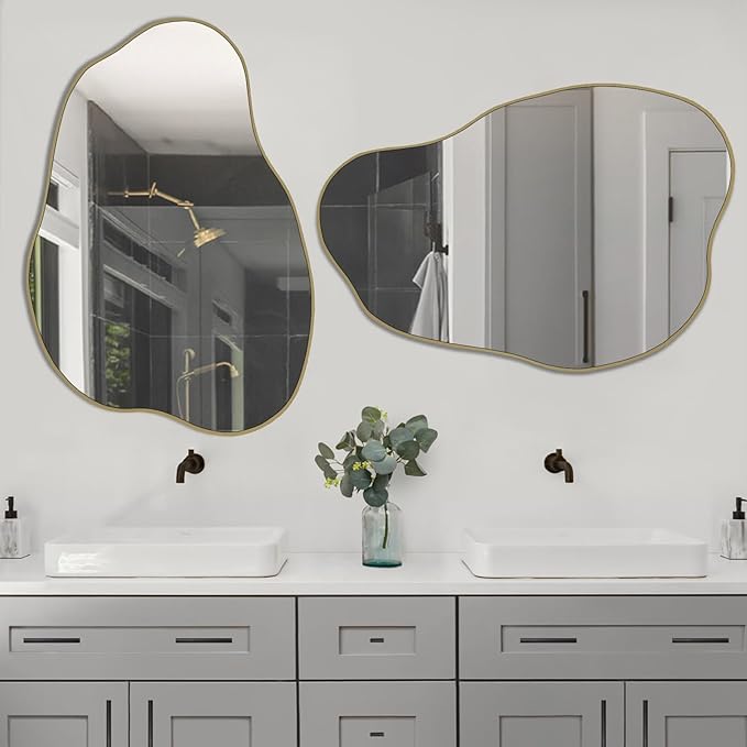 POZINO Gold Irregular Mirror, 30"x20.5" Cloud Shaped Mirrors, Asymmetrical Wall Mirror, Modern Abstract Frameless Mirrors for Living Room Bathroom Bedroom Entryway