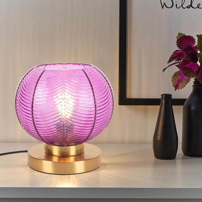 Gold Mid Century Modern Table Lamp with Purple Ribbed Glass Shade - Globe Desk Nightstand Lamp for Bedroom, Living Room, Office