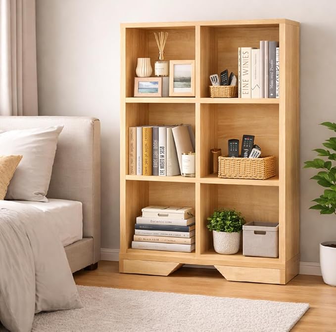 6 Cube Storage Organizer Wooden Bookshelf, Cube Shelf Bookcase, Small Bookshelf Storage Organizer, Narrow Cube Storage Shelf for Bedroom, Small Bookshelf for Living Room and Office (Natural, 6 Cube)