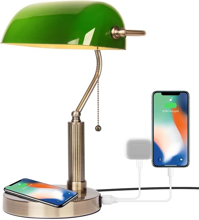 FIRVRE Glass Bankers Desk Lamp with USB Wireless Charging Port, LED Desk Lamp with Classic Retro Pull Chain Switch, Green Glass Lampshade with Brass Finish for Home Office Bedside Study Library