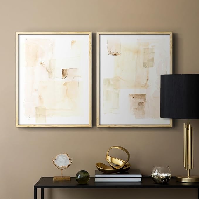 Renditions Gallery Set of 2 Peel & Stick Framed Prints, Abstract Wall Art, Mixed Handmade Oil Painting Wall Decor, Re-Stickable - Ready to Hang - 22"x28" - NATURAL WOOD Frame LT588