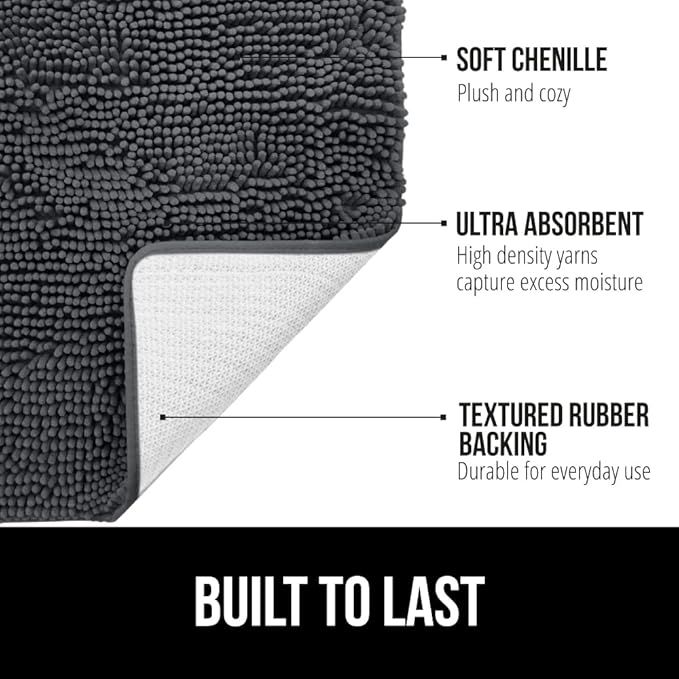 GORILLA GRIP Bath Rug Mat 36x24, Soft Absorbent Chenille, Quick Dry Microfiber Mats, Rubber Backing Washable Shower Floor Rugs, Bathmat Runner, US Designed Bathroom Home Decor Accessories Charcoal