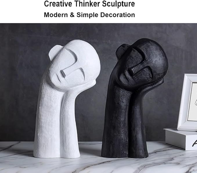 Minimalist Ceramic Ornament Abstract Thinker Statue Head Sculpture for Modern Home Office Meeting Room Shelf Decor 14" inch Tall (White)