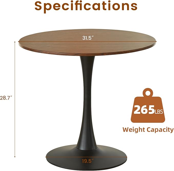 Round Dining Tulip Table for 4, Mid-Century Modern Table with Sturdy Metal Pedestal for Kitchen, Bistro, Cafe, Leisure (Faux Walnut, 31.5 INCH)