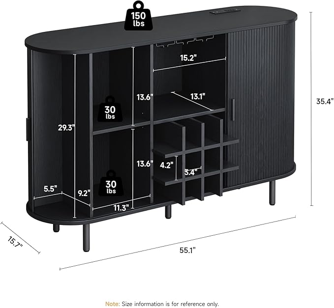 ONBRILL 55" Wine Bar Cabinet with LED Light,Modern Liquor Whiskey Coffee Station with Wine Rack and Glass Holder, Farmhouse Buffet Sideboard with Storage for Living Room, Kitchen, Entryway (Black)