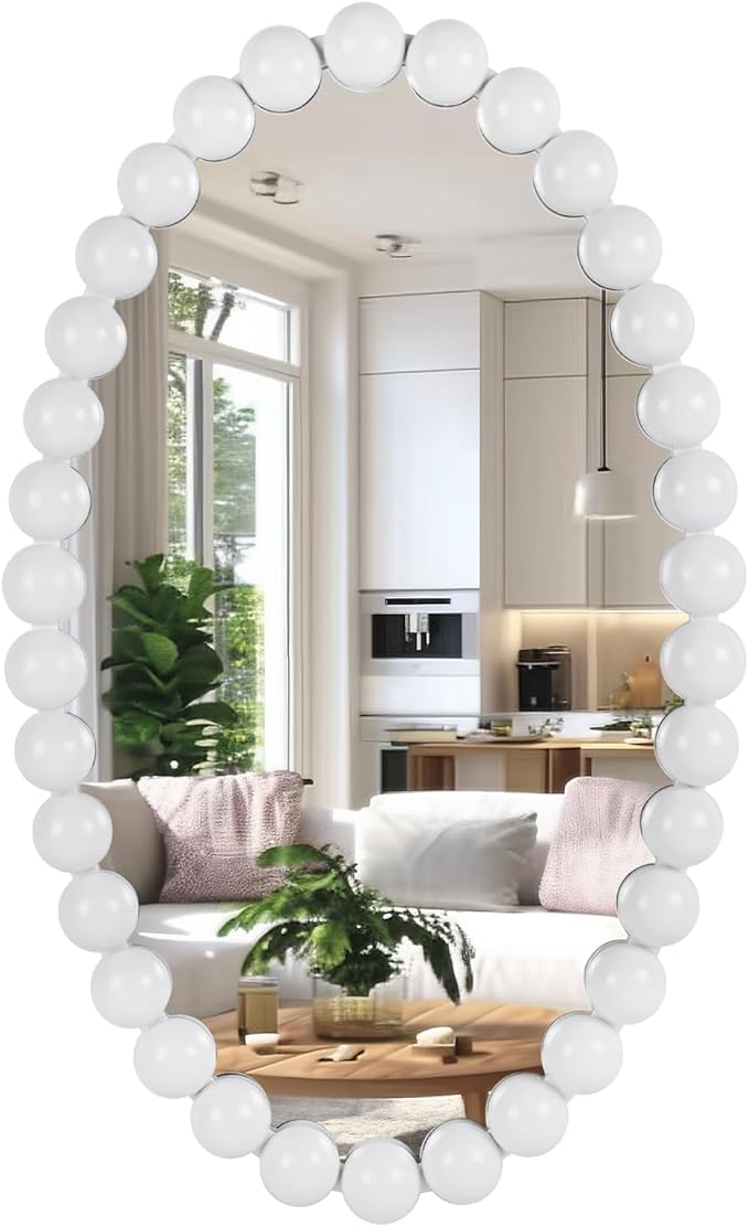 Oval Round Wall Mirror - 30 Inch Decorative Framed Bathroom/Living Room Accent Mirror with Beaded Ball Trim - Vintage Modern Style White Mirror