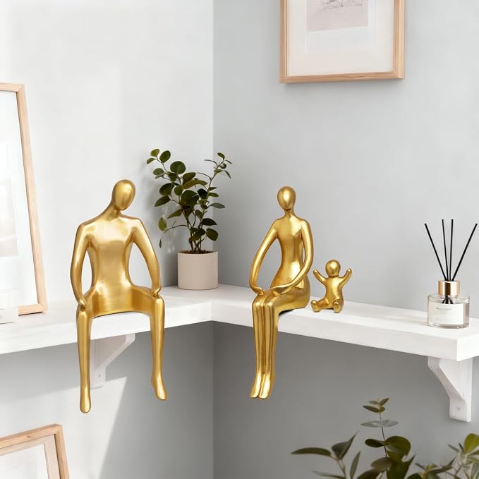 Quoowiit Gold Decor Family Statue Shelf Decor, Abstract Modern Home Decorations Family Sculpture, Minimalist Miniature Coffee Table Ornament Figurines for Office Bookshelf Living Room Bedroom 3 Piece