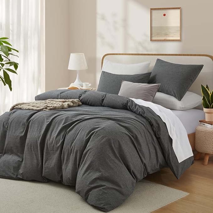 LOVQUE Dark Grey Duvet Cover Full Size, 100% Washed Cotton Linen Like Bedding Set with Zipper Closure (No Comforter), 80x90 Inches