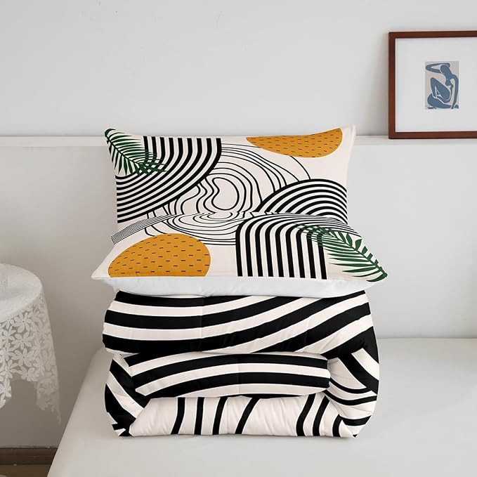 Erosebridal Modern Comforter Set King Abstract Art Bedding Set, Orange Black White Aesthetic Bedding Comforter Sets Retro Minimalism Duvet Sets, Mid Century Quilted Comforter Geometric Striped Decor