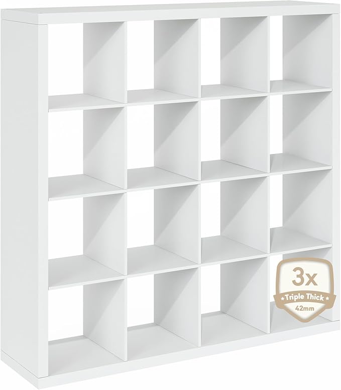 Furinno Cubicle Book Shelf, 16-Cube Bookshelf, Triple Thick Frame Cube Storage Organizer, 1.65" Bookcase, 15.4" x 57.4" x 56.9", for Home Office, Living Room, Plain White