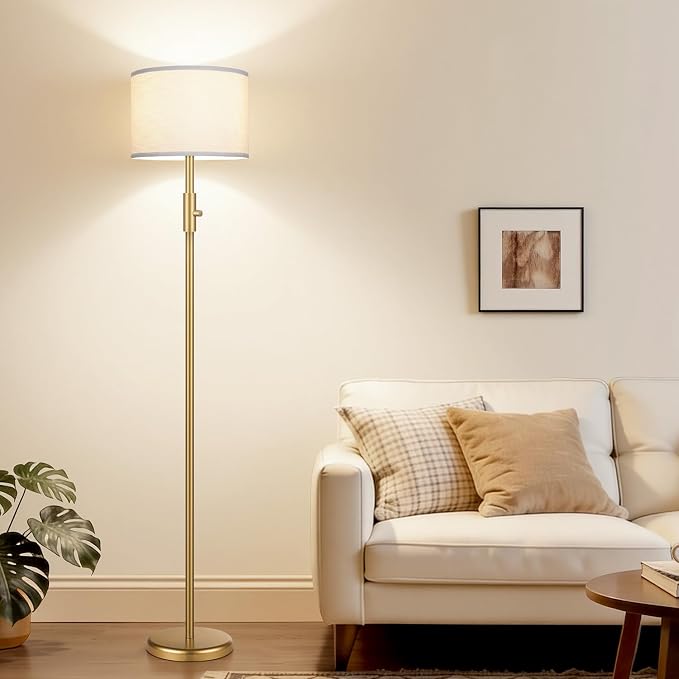 【Upgraded】 Dimmable Gold Floor Lamps for Living Room, 9W LED Bulb Included, Modern Standing Lamp with White Lamp Shade, Tall Pole Light for Bedroom Reading Office Corner Nursery