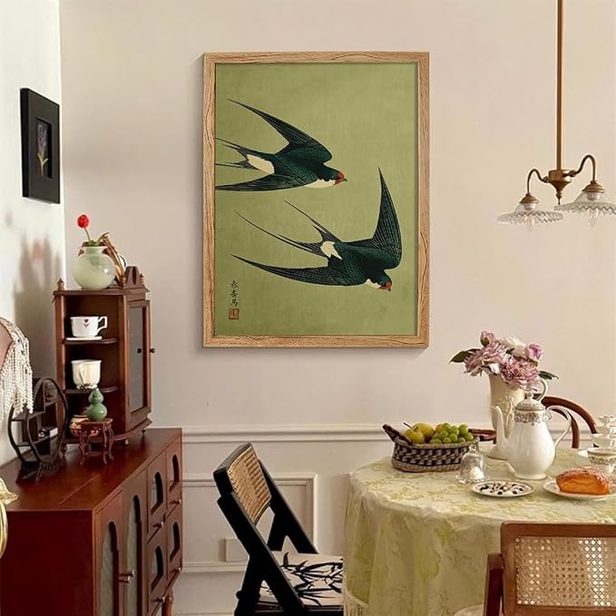 Framed Japanese Flying Swallow Wall Art Asian Japandi Bird Animal Poster Nature Vintage Green Canvas Prints for Living Room Bedroom Home Decor 12x16 inch
