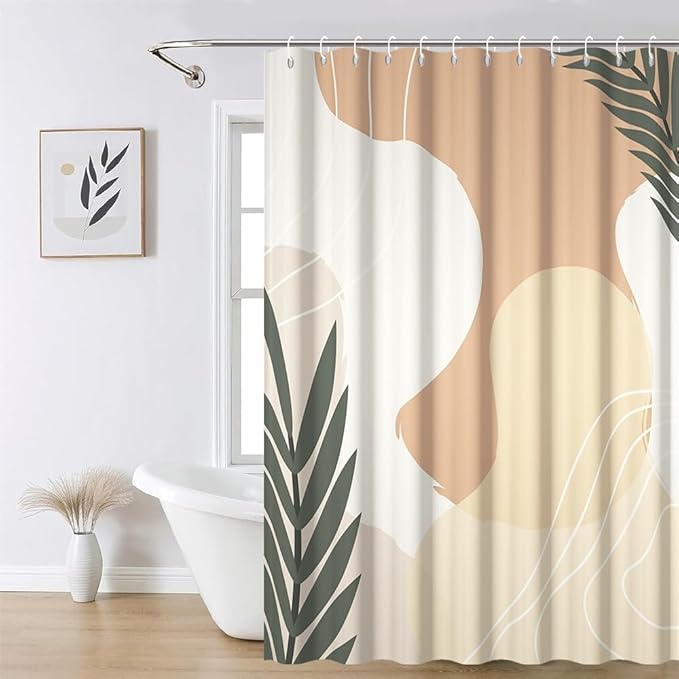 Pink and Beige Boho Shower Curtain for Bathroom Modern Minimalist Bathroom Decor Abstract Striped Leaves Aesthetic Bathtub Curtains Machine Washable Waterproof Polyester Fabric with Hooks 72x72 Inch