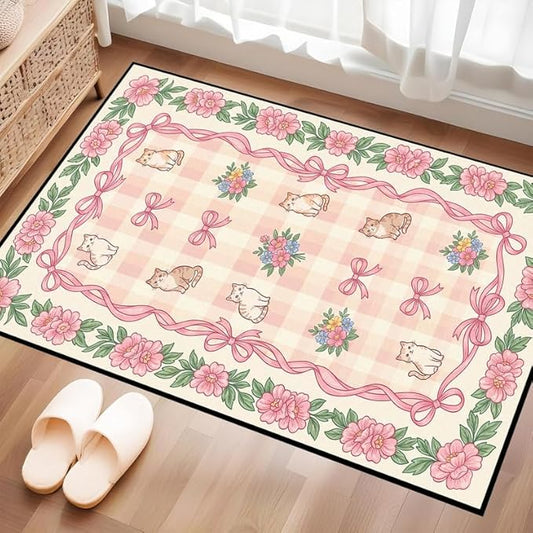 2'x3' Cat Floral Area Rug Pink Bow Flower Carpet Washable Rug Cute Cartoon Boho Floor Mat for Entryway Bedroom Living Room Nursery Playroom Classroom Home Decor