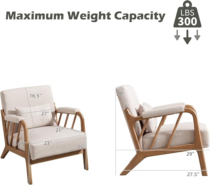 INZOY Accent Chairs Set of 2, Mid Century Modern Accent Chair with Wood Frame, Upholstered Reading Armchair with Soft Linen Fabric, Accent Chair for Living Room Bedroom Apartment, Easy Assembly, Beige