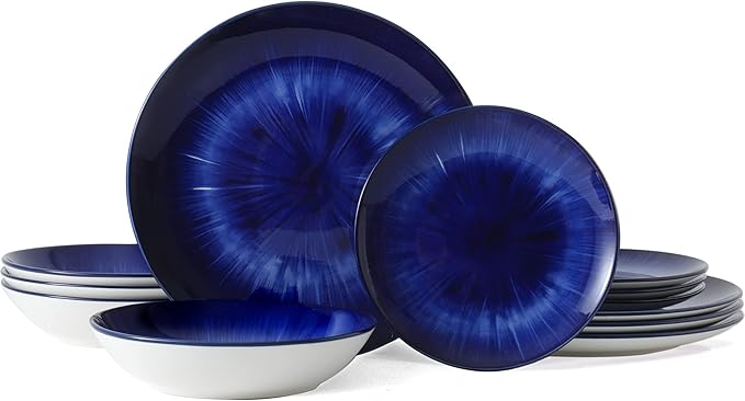Bestone 12 Piece Round Kitchen Dinnerware Sets,Plates and Bowls sets,Dishes, Plates, Bowls, Dish Set，Plates and Bowls,Service for 4, Chip Resistant Porcelain ，Starburst Turquoise Dark Blue
