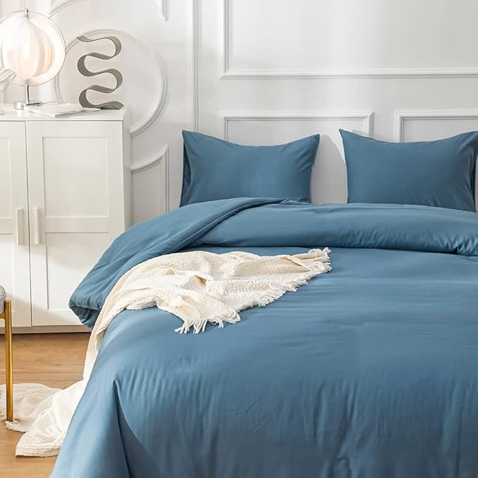 Pureant Blue Comforter Set California King Dusty Blue Bedding Comforter Sets for Women Men Cotton Lake Blue Cal King Comforter Soft Grayish Comforter Sets Solid Color Quilt