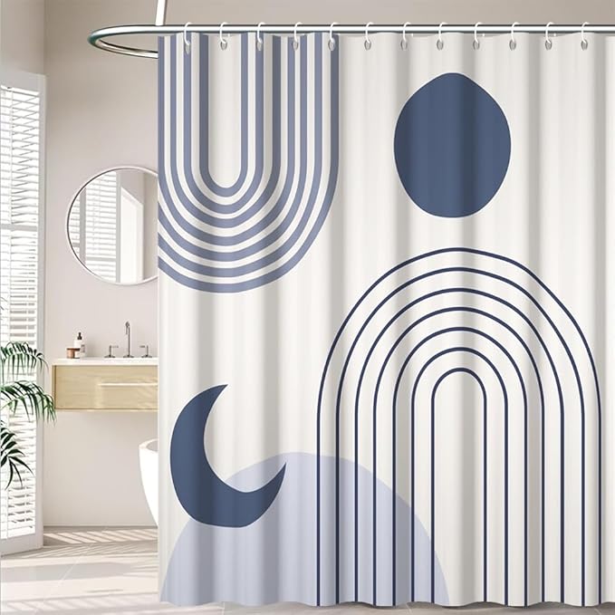 Boho Shower Curtain for Bathroom Modern Minimalist Neutral Bathroom Decor Set Blue Stripes Abstract Sun Moon Chic Aesthetic Bathtub Curtains Washable Waterproof Polyester Fabric with Hooks 72x84 Inch