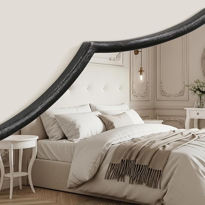 Besdomus Large Scalloped Black Mirror: 47"x31" Modern Minimalist Wood Frame Wall Mirror - Decorative Arched Fireplace for Bedroom/Bathroom/Dresser/Entryway/Mantle/Living Room - Stylish Home Decor