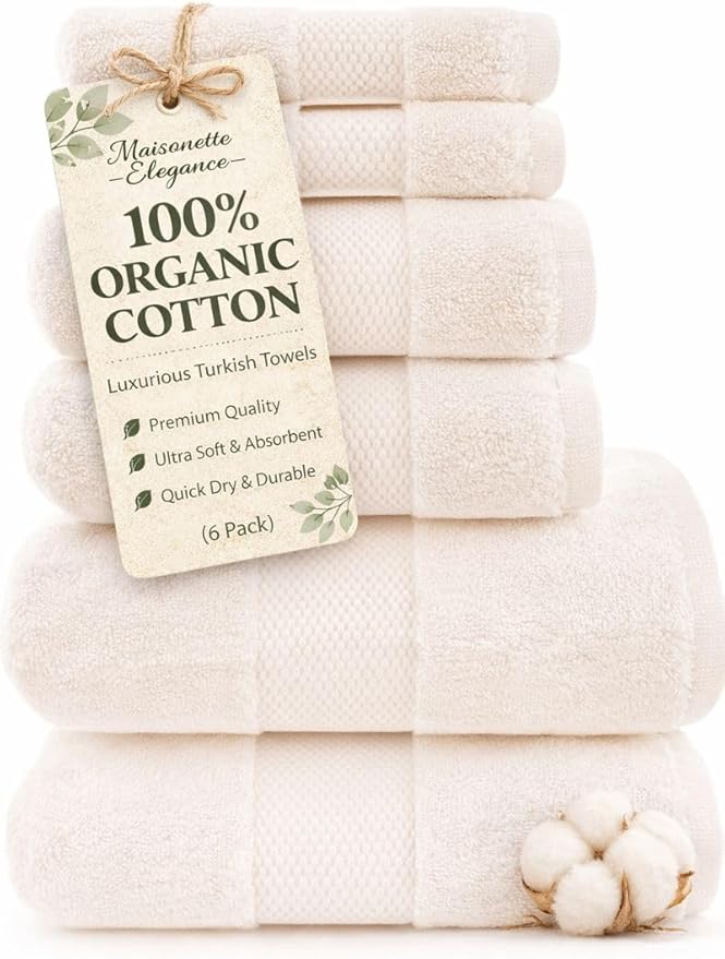 Maisonette Elegance 100% Organic Cotton Turkish Bathroom Towel Set, Soft & Absorbent, Ideal Quick Dry Luxury Hand, Large Luxury Bath Towels & Washcloths for Shower (6 Pack), Light Beige (Natural)