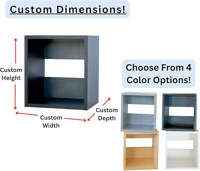 Custom Sized 1-Cube Cubby; Choose color, width, depth, and height. Units are 3/4 inch thick premium grade melamine for strong, solid unit. Easy assembly. Place on the floor or mount on a wall.