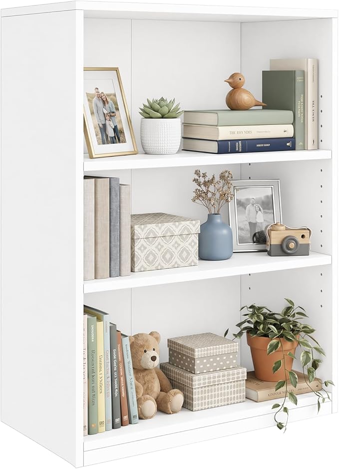 Wooden 3-Tier Bookshelf, Adjustable Open Storage Shelf Unit, 31.5" Tall Bookcase（White）
