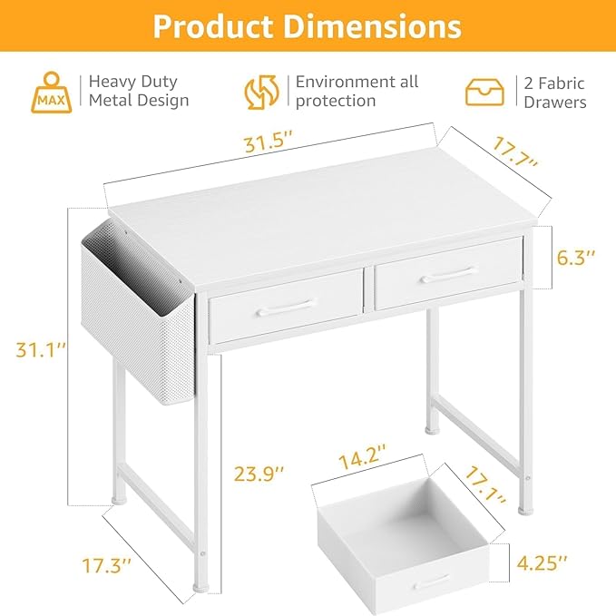 DLisiting 32 Inch Small White Desk with 2 Drawers, Study Writing Computer Desk with Storage Drawer for Bedroom Home Office, Vanity Table Without Mirror for Girls Small Spaces