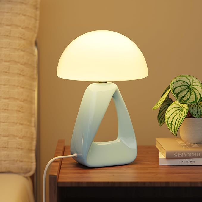 Mushroom Lamp, Small Table Lamp for Bedroom, Creative Geometric Ceramic Base Bedside Lamp, Mid Century Modern Side Table Lamp for Living Room Nightstand, Unique Aesthetic Home Decor Gift Ideas, Blue