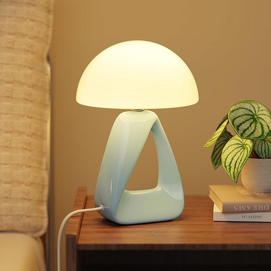 Mushroom Lamp, Small Table Lamp for Bedroom, Creative Geometric Ceramic Base Bedside Lamp, Mid Century Modern Side Table Lamp for Living Room Nightstand, Unique Aesthetic Home Decor Gift Ideas, Blue
